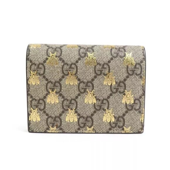 Auth GUCCI GG Supreme Bee Bifold Wallet Beige Brown/Gold PVC